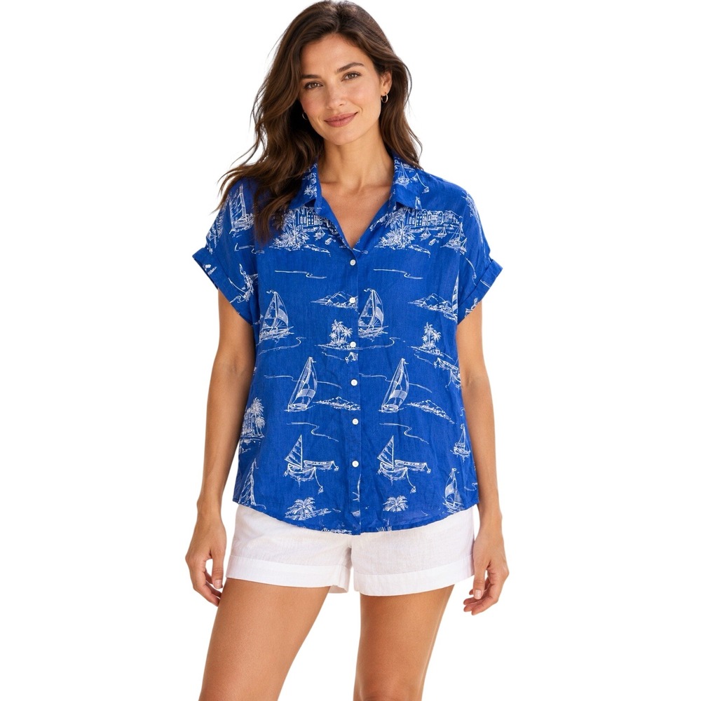Cynthia Rowley 100% Linen Blue Nautical Boats Shirt Top Cruise Resort Medium